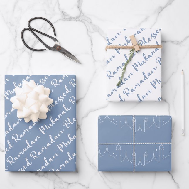 Dusty Blue Ramadan Calligraphy Masjid Pattern Wrapping Paper Sheets (Front)