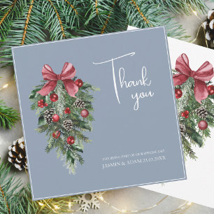 Dusty Blue Red Bow Winter Wedding Thank You Card