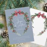Dusty Blue Red Bow Winter Wreath Wedding Invitation<br><div class="desc">Dusty Blue Pink Bow Winter Wreath Wedding Invitation. Celebrate your holiday wedding with this romantic dusty blue invitation featuring a pine wreath, pink bow, berries, and pinecones. A festive yet soft design perfect for December weddings with a touch of elegance. Ideal for couples planning a cozy, winter celebration with classic...</div>
