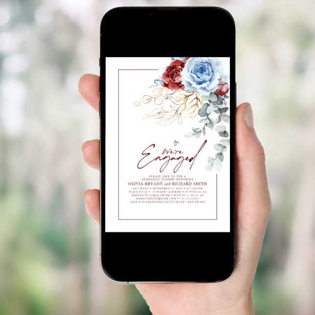Dusty Blue Red Floral Engagement Party Photo Invitation (Front Digital)