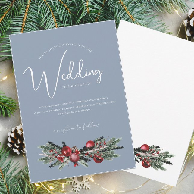 Dusty Blue Red Ornament Winter Wedding Invitation (Creator Uploaded)