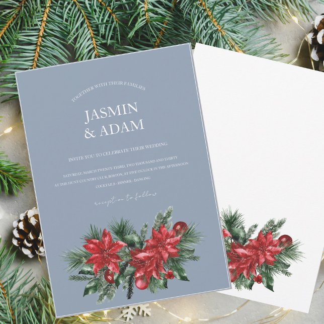 Dusty Blue Red Poinsettia Winter Wedding Invitation (Creator Uploaded)