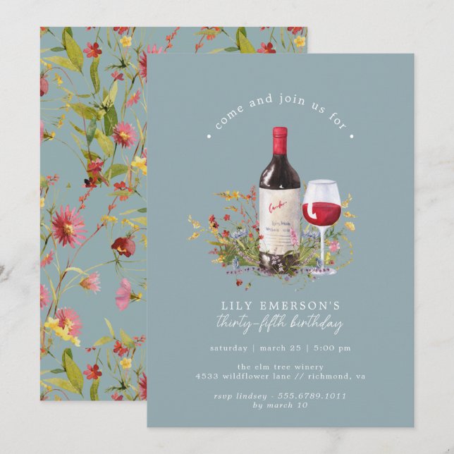 Dusty Blue | Red Wine Any Age Adult Birthday Party Invitation (Front/Back)