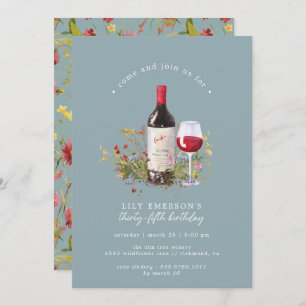 Dusty Blue Red Wine Any Age Adult Birthday Party Invitation