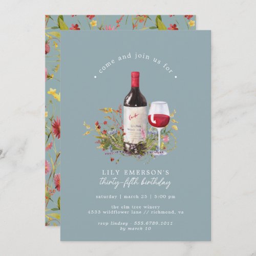 Dusty Blue  Red Wine Any Age Adult Birthday Party Invitation
