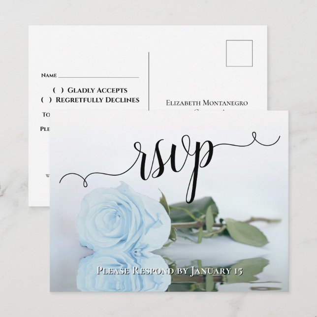 Dusty Blue Reflecting Rose Elegant Wedding RSVP Postcard (Front/Back)