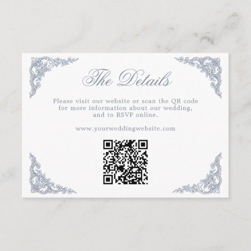 Dusty Blue Regal Scrollwork Wedding Website QR Enclosure Card