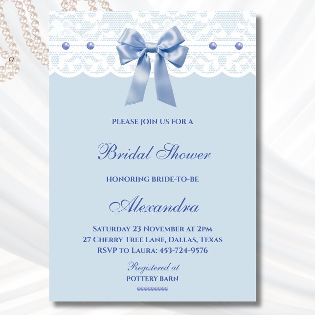 Dusty Blue Regency Bow Pearl Lace Bridal Shower Invitation (Creator Uploaded)