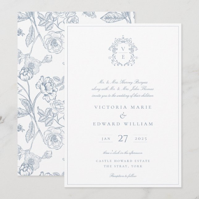 Dusty Blue Regency Crest Monogram Wedding Invitation (Front/Back)