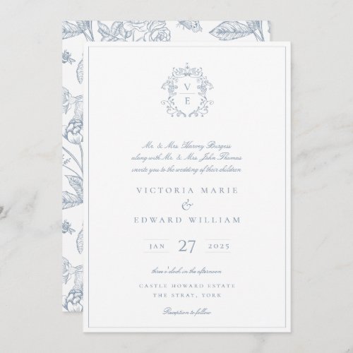 Dusty Blue Regency Crest Monogram Wedding Invitation