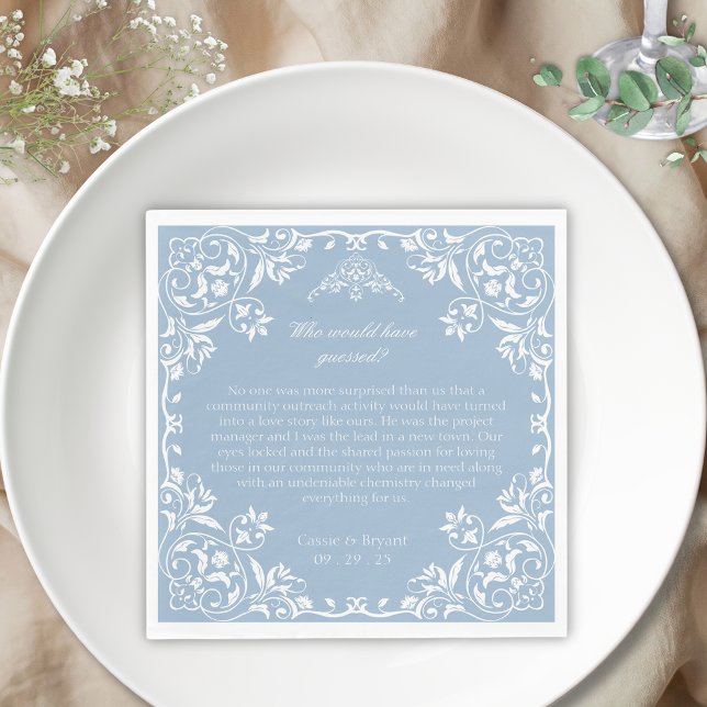 Dusty Blue Regency Era Where We Met Wedding Napkins (elegant dusty blue fun facts when how and where we met theme regency era inspired wedding napkins)