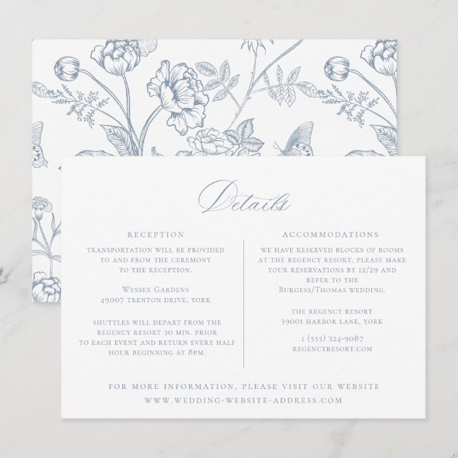 Dusty Blue Regency Floral Wedding Details Card (Front/Back)
