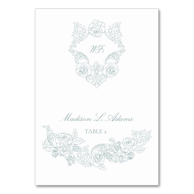 Dusty Blue Regency Foldable Name Place Card (Front)