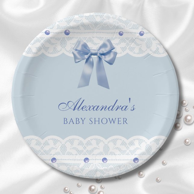 Dusty Blue Regency Pearl Satin Bow Baby Shower Paper Plates (Creator Uploaded)