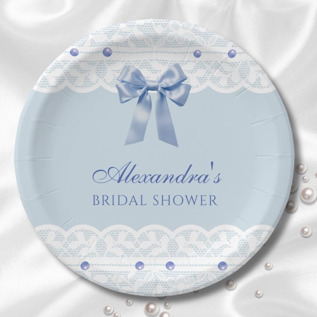Dusty Blue Regency Pearl Satin Bow Bridal Shower Paper Plates (Creator Uploaded)