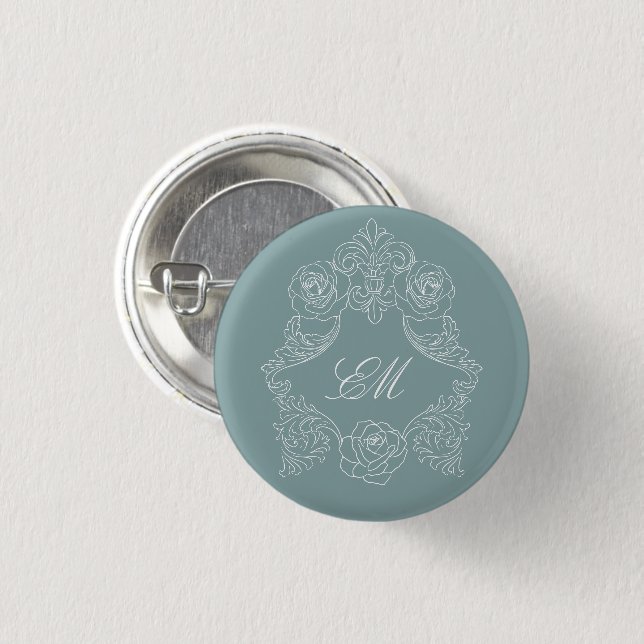Dusty Blue Regency Wedding Crest Monogram Button (Front & Back)