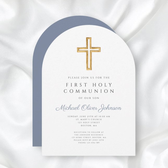 Dusty Blue Religious Boy First Communion Arch Invitation (Dusty Blue Religious Boy First Communion Arch Invitation)