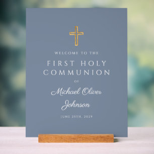 Dusty Blue Religious Boy First Communion Welcome Acrylic Sign