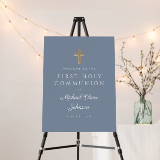 Dusty Blue Religious Boy First Communion Welcome