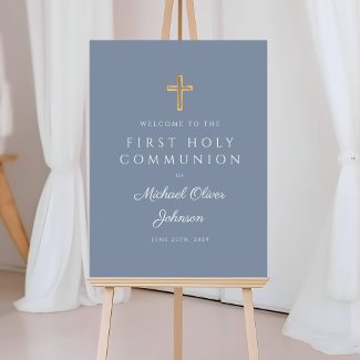 Dusty Blue Religious Boy First Communion Welcome
