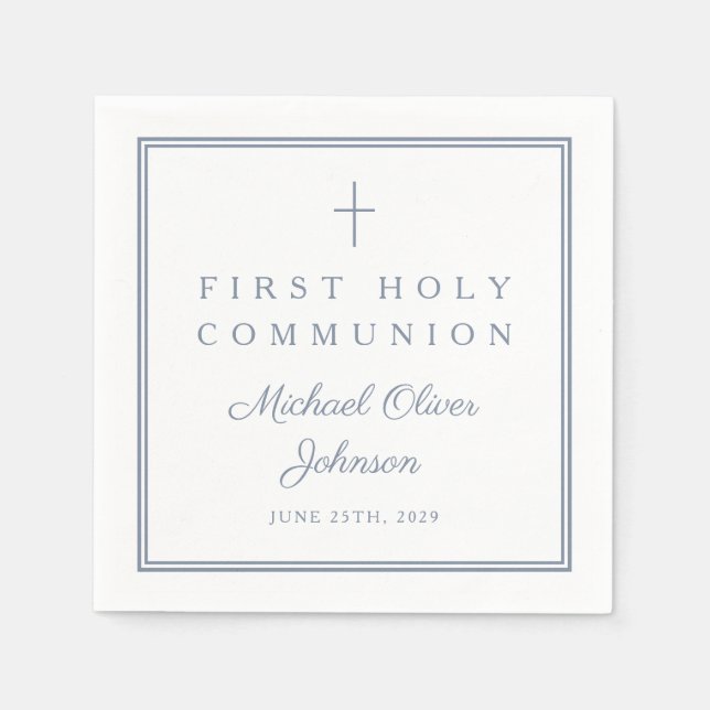 Dusty Blue Religious Boy First Holy Communion Napkins (Front)