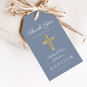 Dusty Blue Religious Cross Boy Baptism Gift Tags