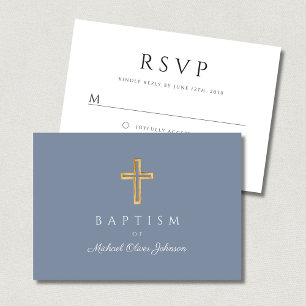Dusty Blue Religious Cross Boy Baptism RSVP Card