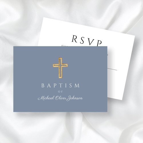 Dusty Blue Religious Cross Boy Baptism RSVP Card