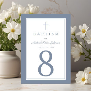 Dusty Blue Religious Cross Boy Baptism Table Number