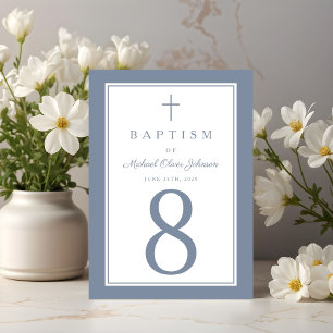 Dusty Blue Religious Cross Boy Baptism Table Number