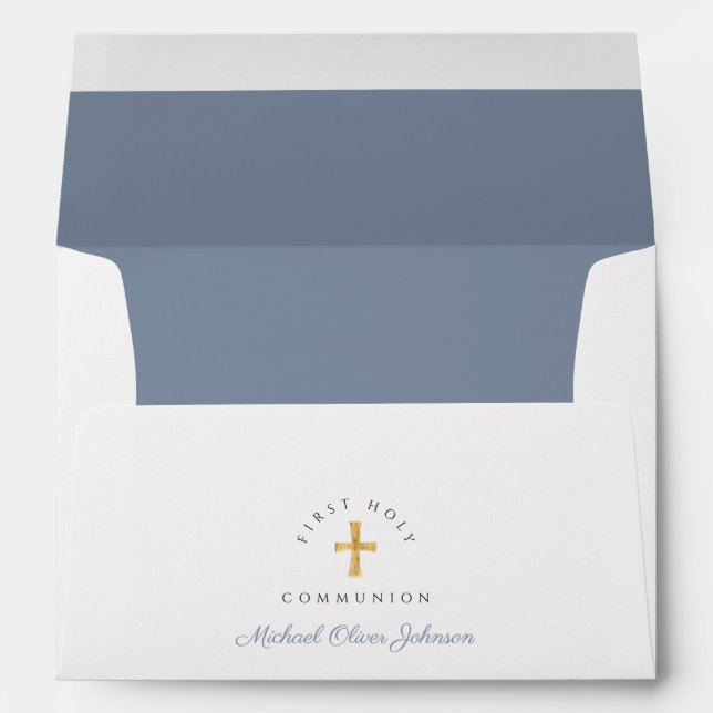 Dusty Blue Religious Cross Boy First Communion Envelope (Back (Bottom))