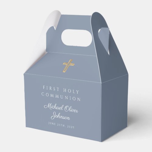 Dusty Blue Religious Cross Boy First Communion Favor Boxes