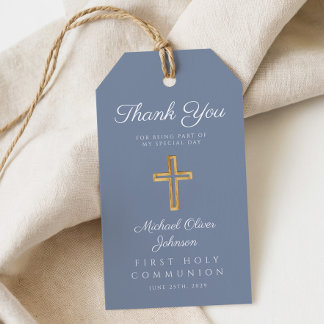Dusty Blue Religious Cross Boy First Communion Gift Tags