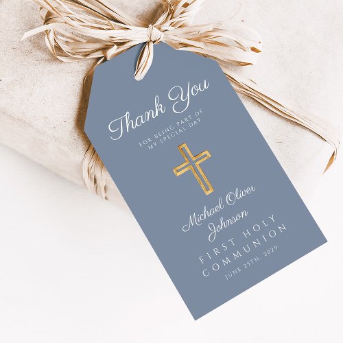 Dusty Blue Religious Cross Boy First Communion Gift Tags