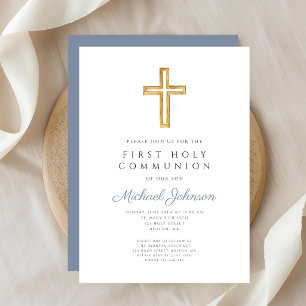 Dusty Blue Religious Cross Boy First Communion Invitation