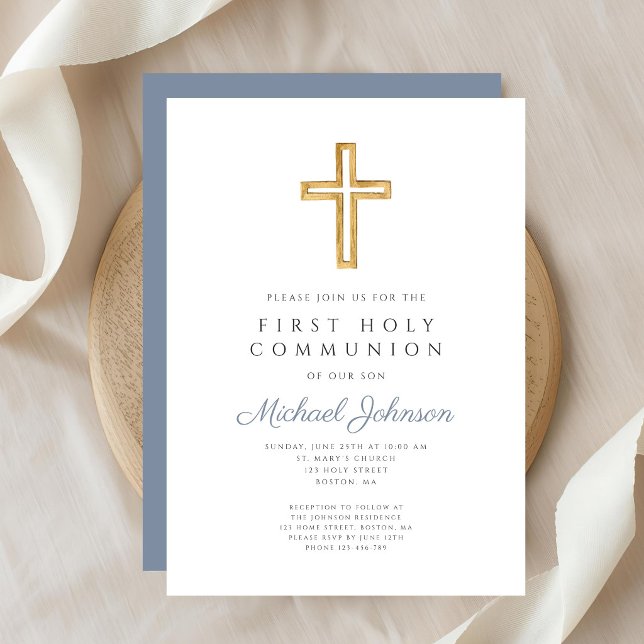 Dusty Blue Religious Cross Boy First Communion Invitation (Dusty Blue Religious Cross Boy First Communion Invitation)