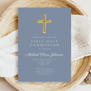 Dusty Blue Religious Cross Boy First Communion Invitation