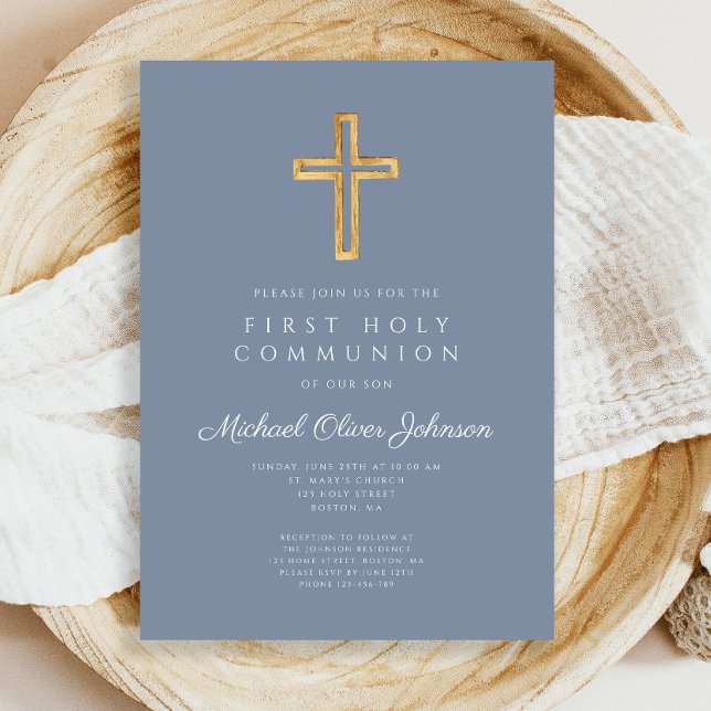 Dusty Blue Religious Cross Boy First Communion Invitation (Dusty Blue Religious Cross Boy First Communion Invitation)