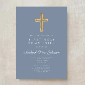 Dusty Blue Religious Cross Boy First Communion Invitation