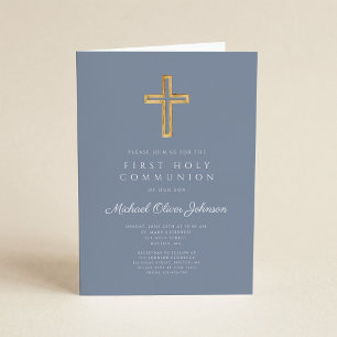 Dusty Blue Religious Cross Boy First Communion Invitation