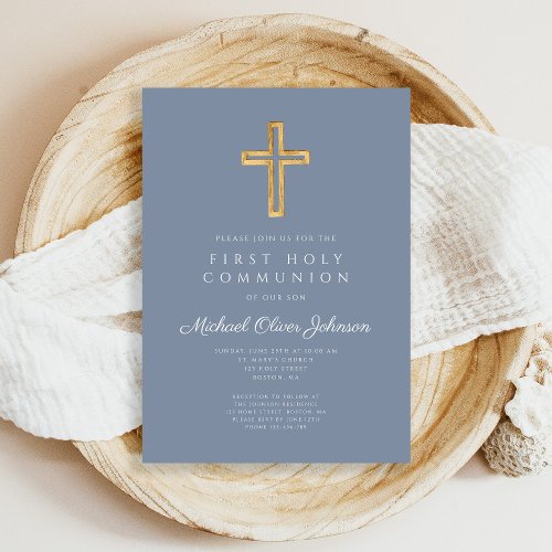 Dusty Blue Religious Cross Boy First Communion Invitation