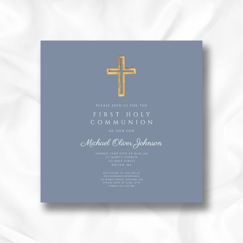 Dusty Blue Religious Cross Boy First Communion