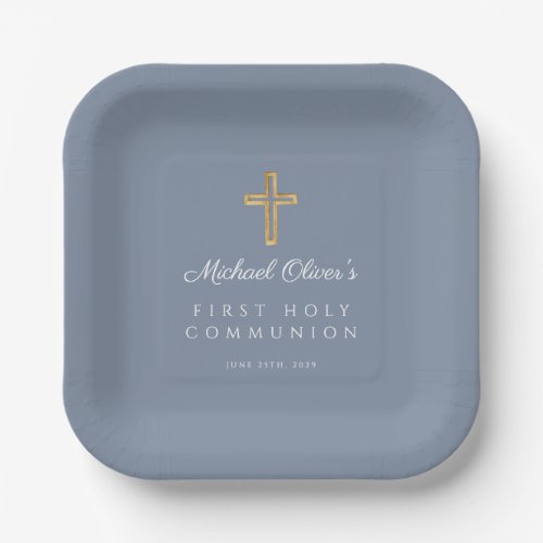 Dusty Blue Religious Cross Boy First Communion Paper Plates