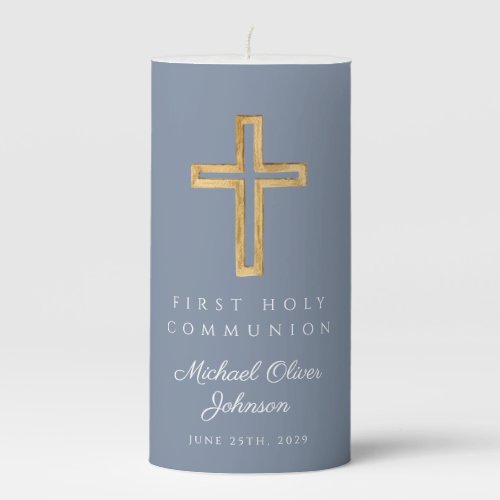 Dusty Blue Religious Cross Boy First Communion Pillar Candle