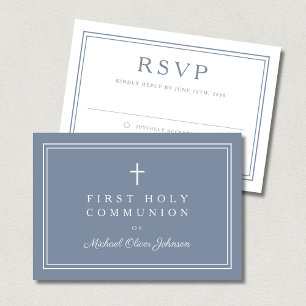 Dusty Blue Religious Cross Boy First Communion RSVP Card