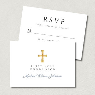 Dusty Blue Religious Cross Boy First Communion RSVP Card