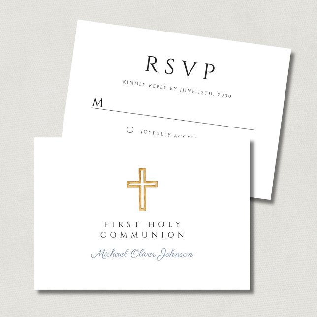 Dusty Blue Religious Cross Boy First Communion  RSVP Card (Dusty Blue Religious Cross Boy First Communion RSVP Card)
