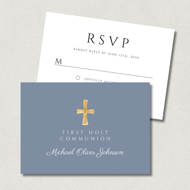 Dusty Blue Religious Cross Boy First Communion RSVP Card (Dusty Blue Religious Cross Boy First Communion RSVP Card)