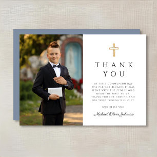 Dusty Blue Religious Cross Boy First Communion  Thank You Card