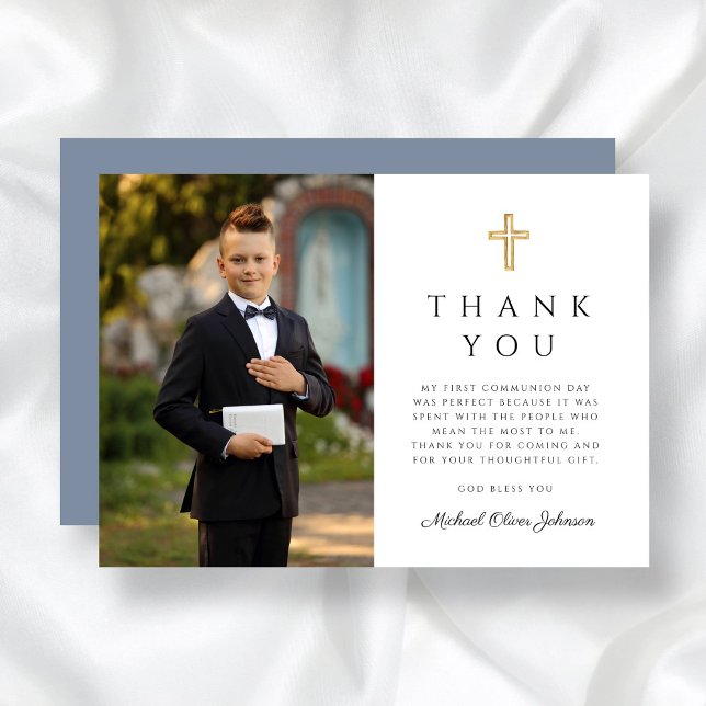 Dusty Blue Religious Cross Boy First Communion  Thank You Card (Dusty Blue Religious Cross Boy First Communion Thank You Card)